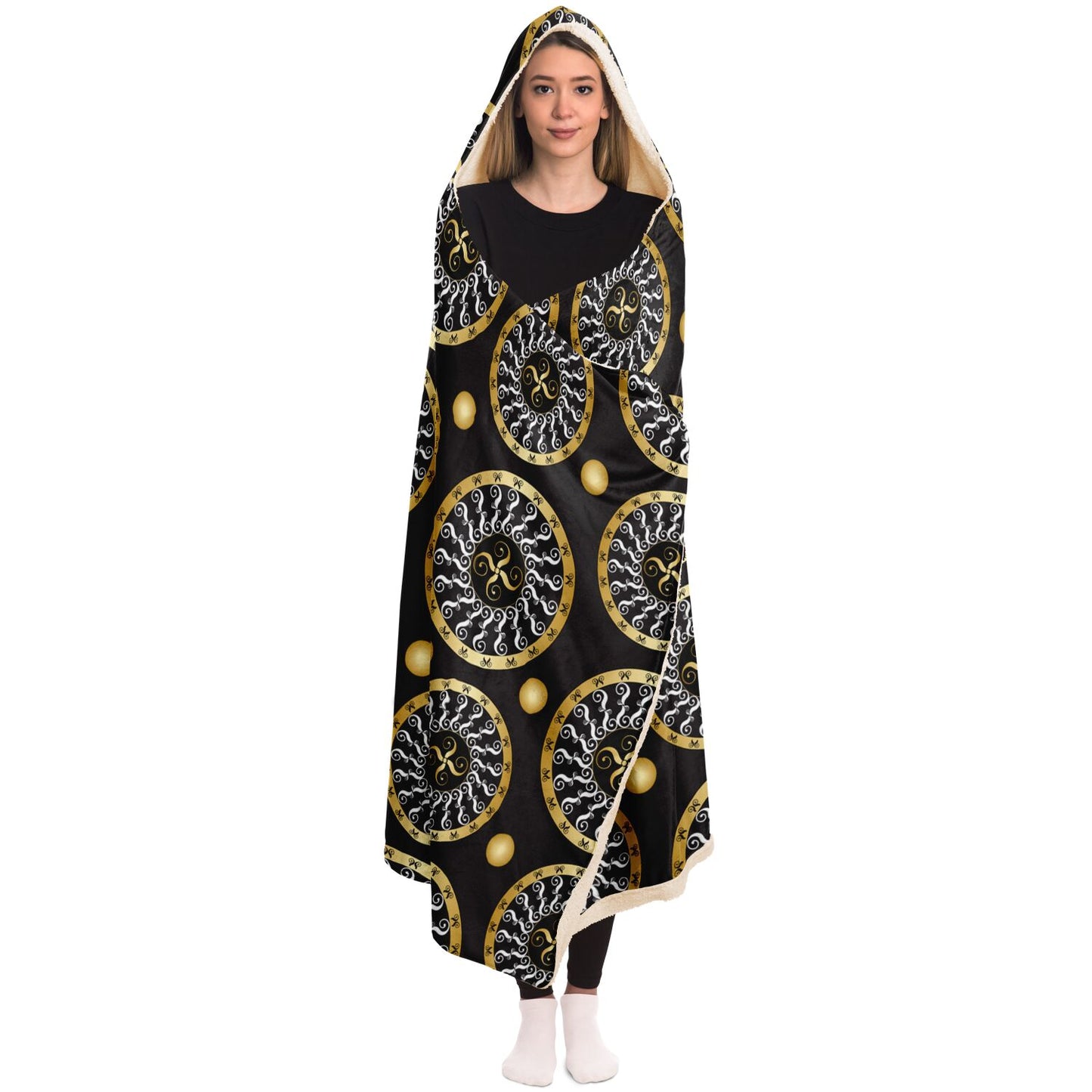 Hooded Blanket - AOP Kukloso Abstractical No 173 Mandala Design Gold & White on Black - Free Shipping