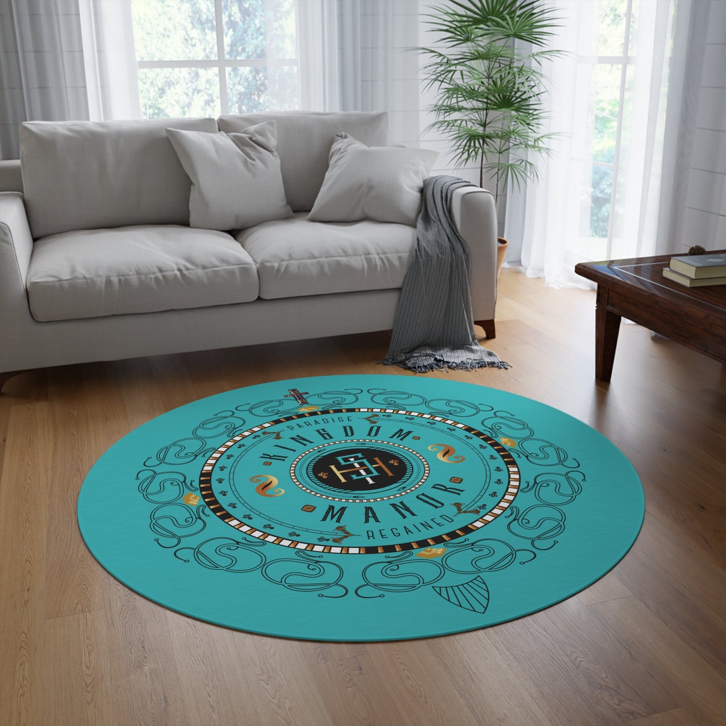 Round Rug Kukloso "Kingdom Manor' IHS initials Christogram Free Shipping