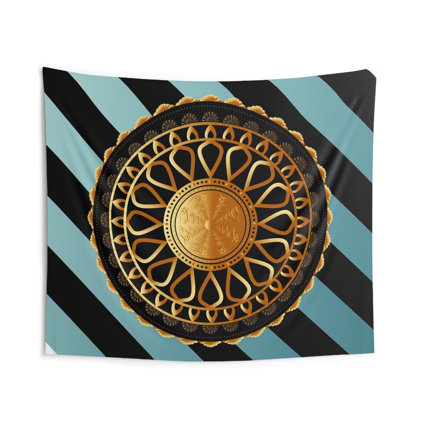 Indoor Wall Tapestries Kukloso Mandala No 152 Gold Design on Aqua & Black Striped Background - Free Shipping