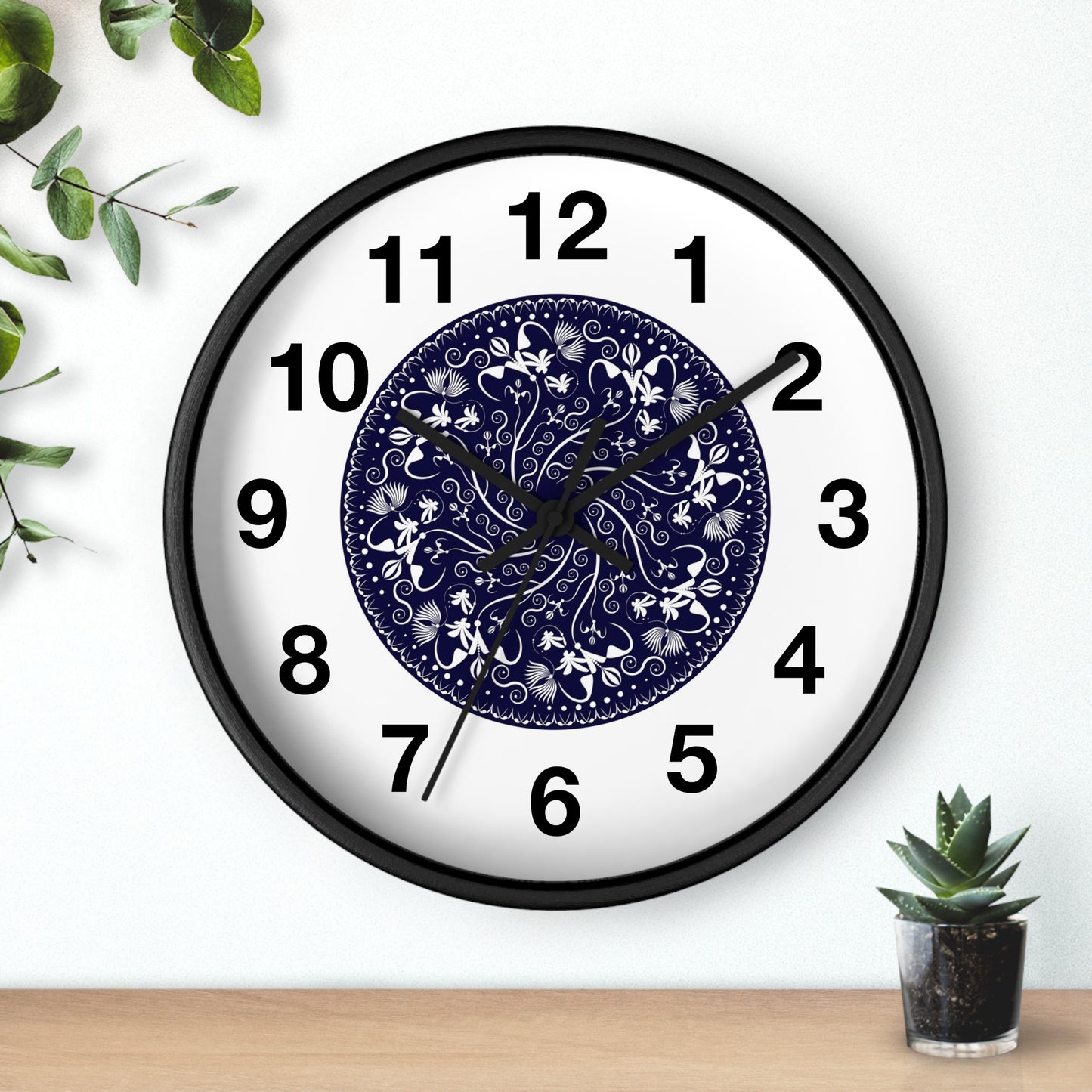 Wall Clock Kukloso Mandala No 155 White Florals on Navy - Free Shipping