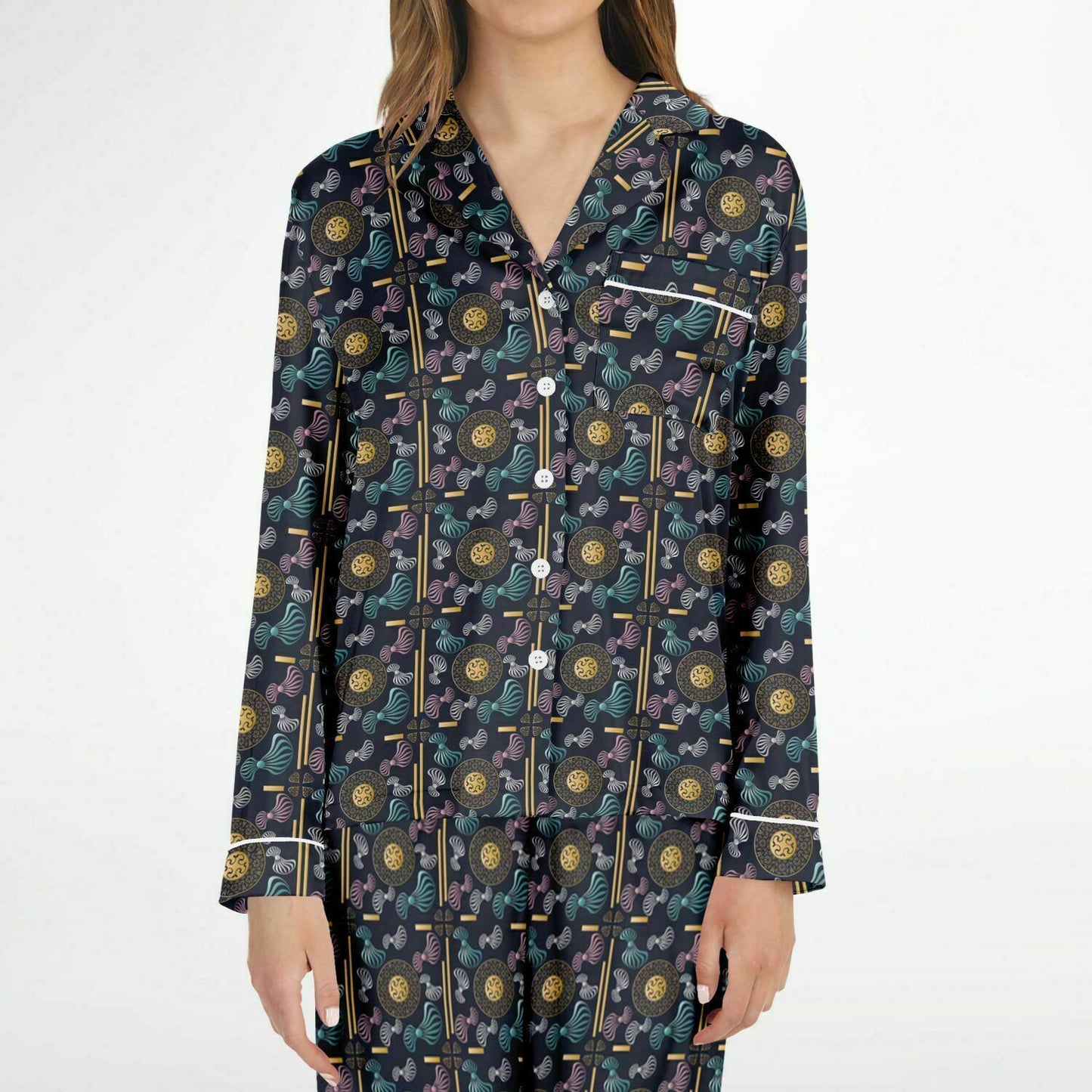 Women's Satin Pajamas - AOP AOP Kukloso Whimsical No 99 Mini-Mandalas Gold, Silver, Aqua & Pink on Navy - Free Shipping