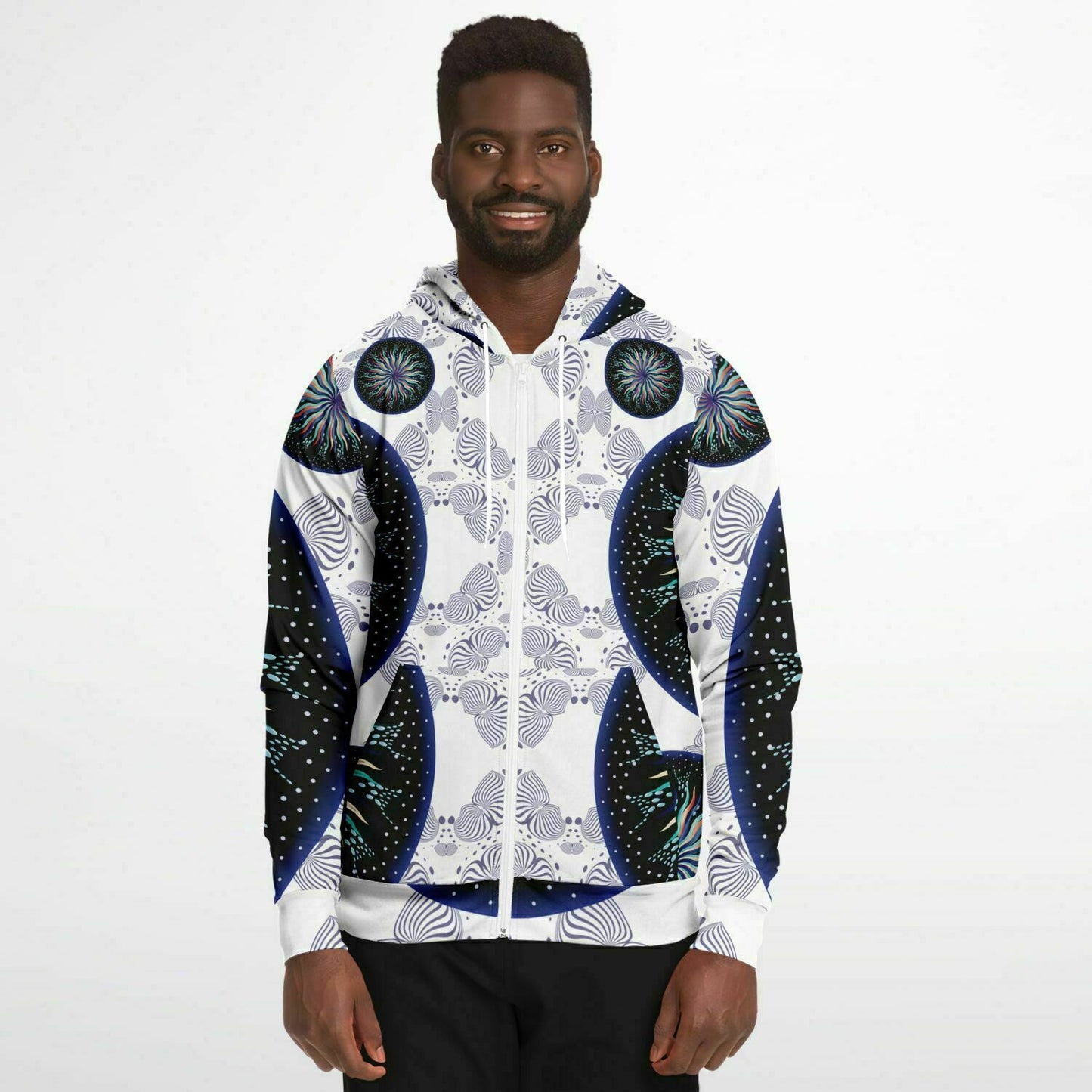 Fashion Zip-Up Hoodie - AOP Kukloso Mandala No 5A Multicolored Combo, Navy on White - Free Shipping