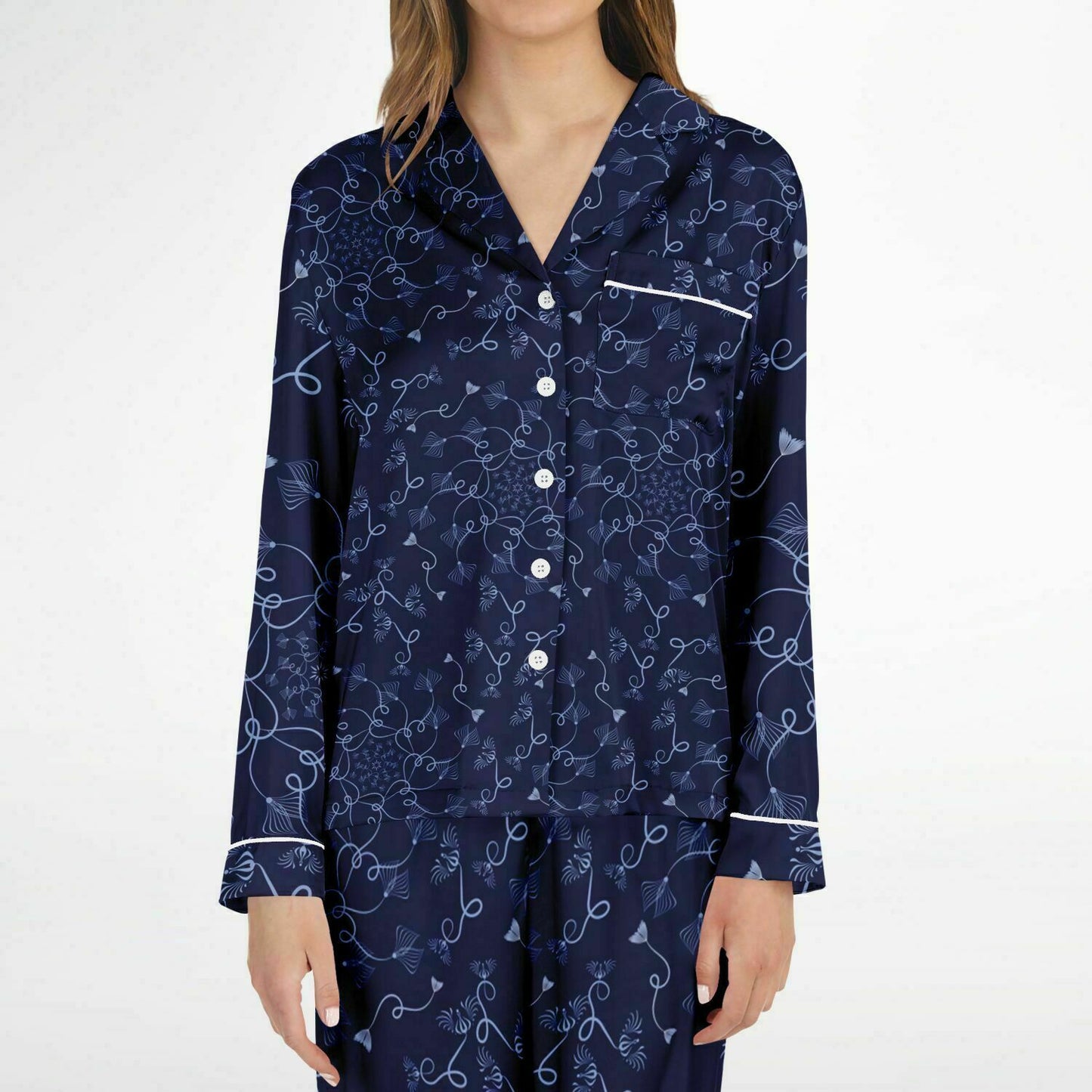 Women's Satin Pajamas - AOP Kukloso Abstractical No 19 Periwinkle on Navy - Free Shipping