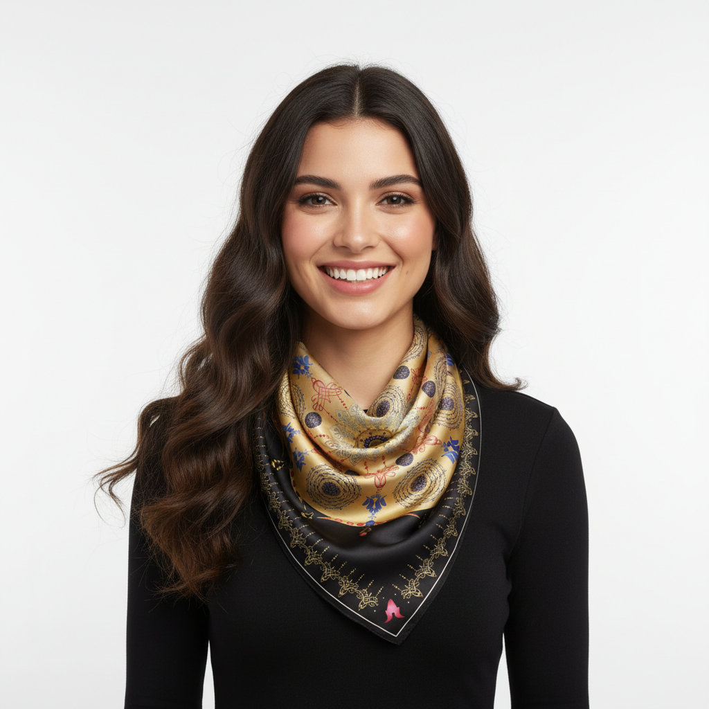 100% Silk Charmeuse Square Scarf Golden Mandala on Black