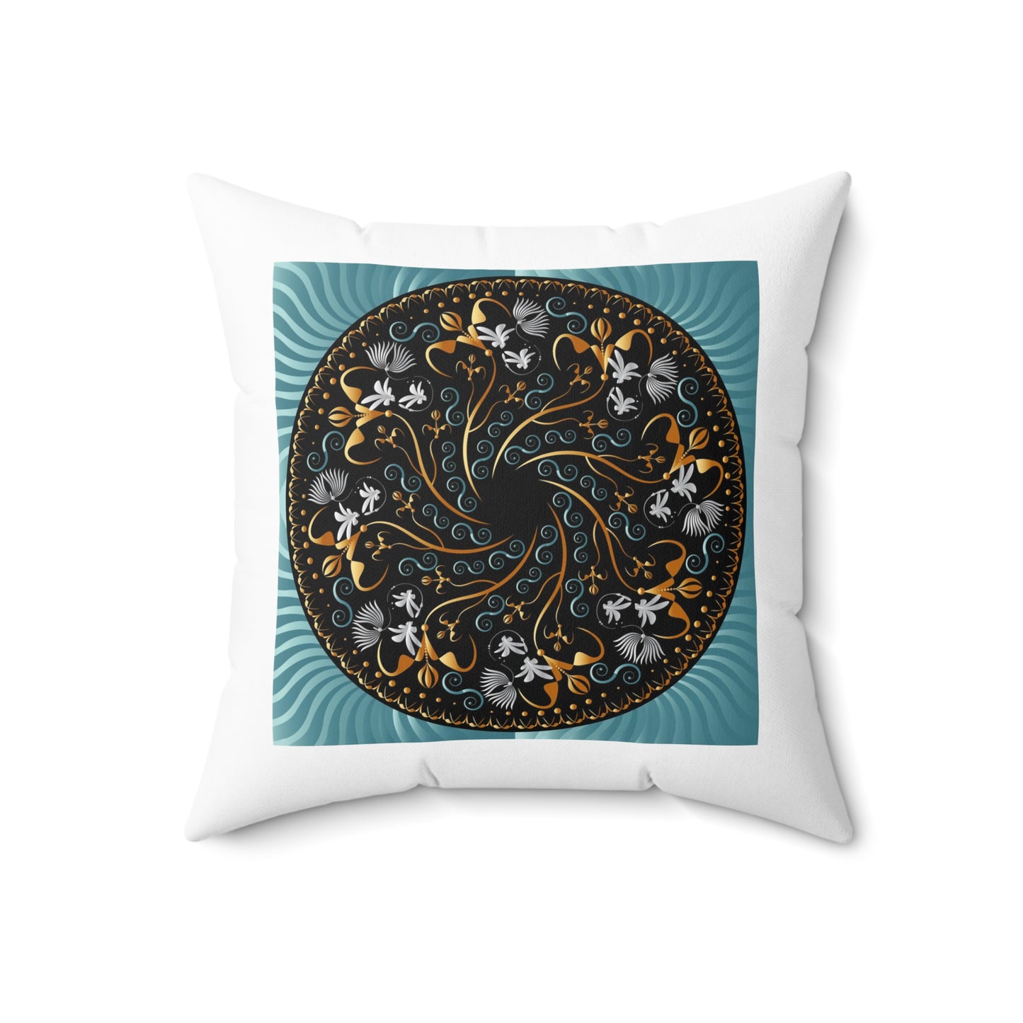 Spun Polyester Square Pillow Kukloso Mandala No 155 Black/Gold & Black/Aqua - Free Shipping