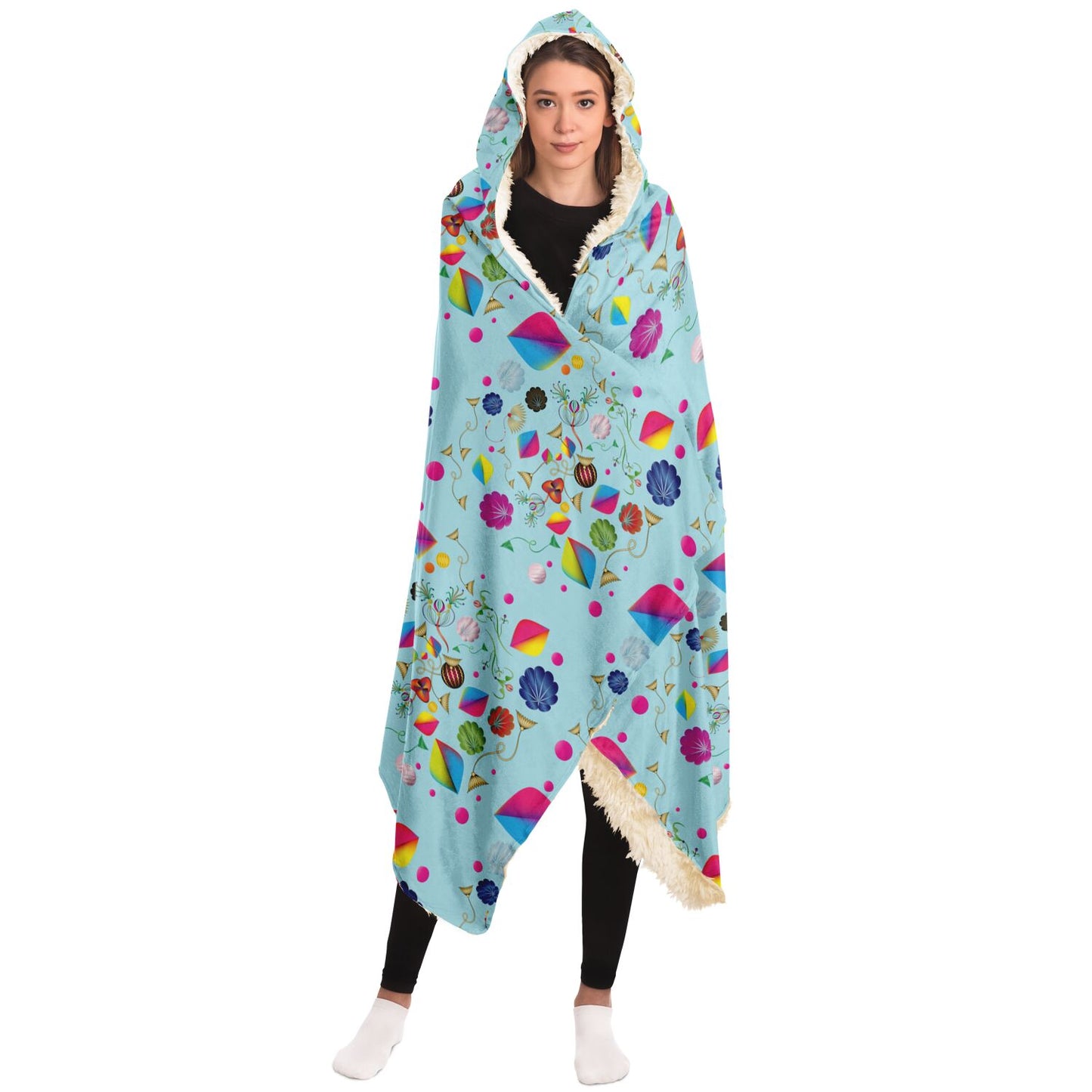 Hooded Blanket - AOP Kukloso Abstractical No 24 Happy Shapes & Florals on Aqua - Free Shipping