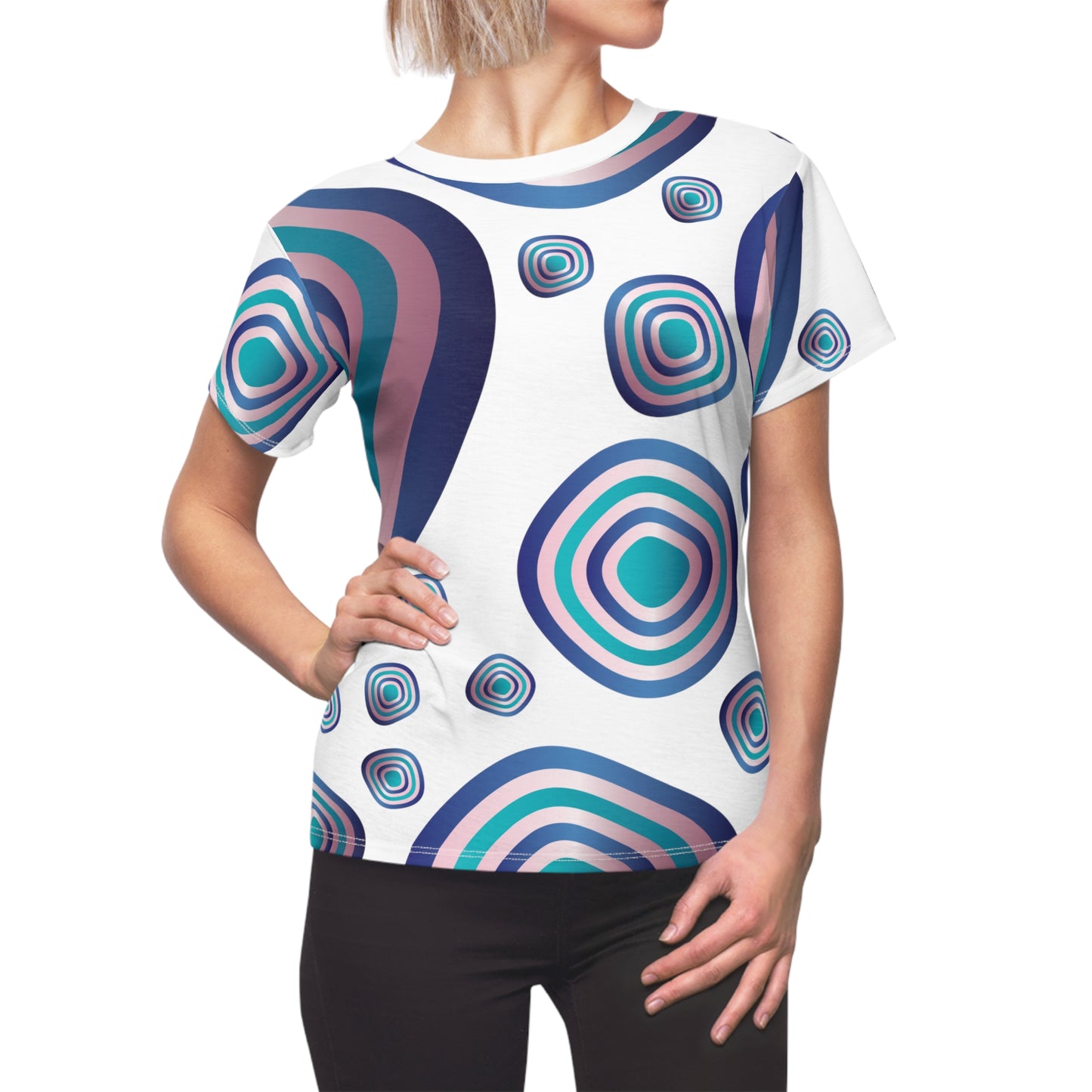 Women's Cut & Sew Tee (AOP) Kukloso Abstractical No 96 Aqua, Pink & Navy Circles - Free Shipping