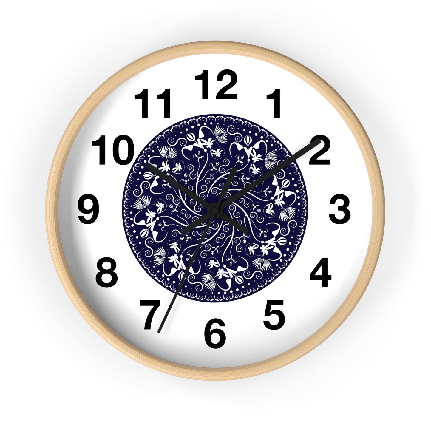 Wall Clock Kukloso Mandala No 155 White Florals on Navy - Free Shipping