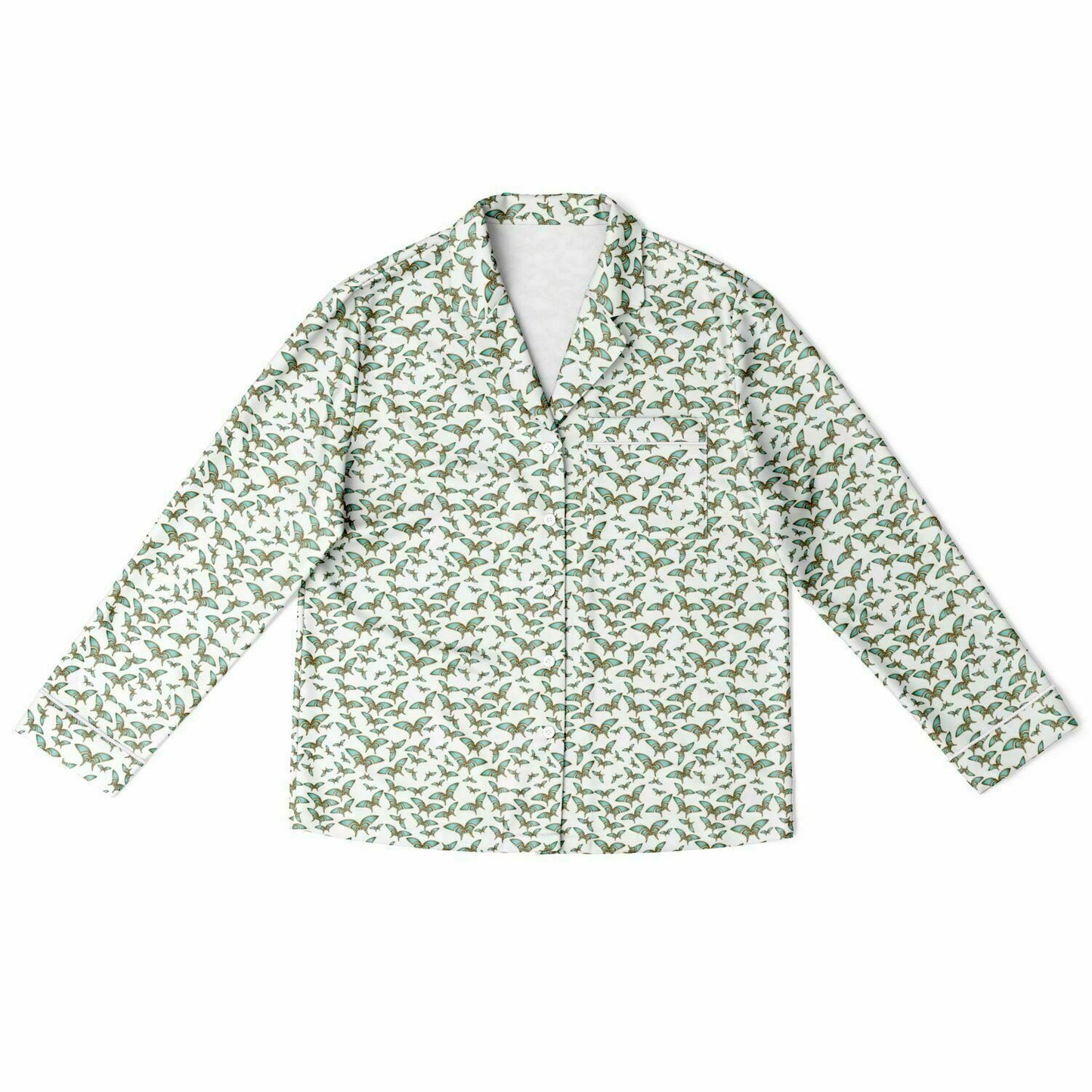 Women's Satin Pajamas - AOP Kukloso Madam Butterfly No 1 Aqua & Gold colors on White - Free Shipping