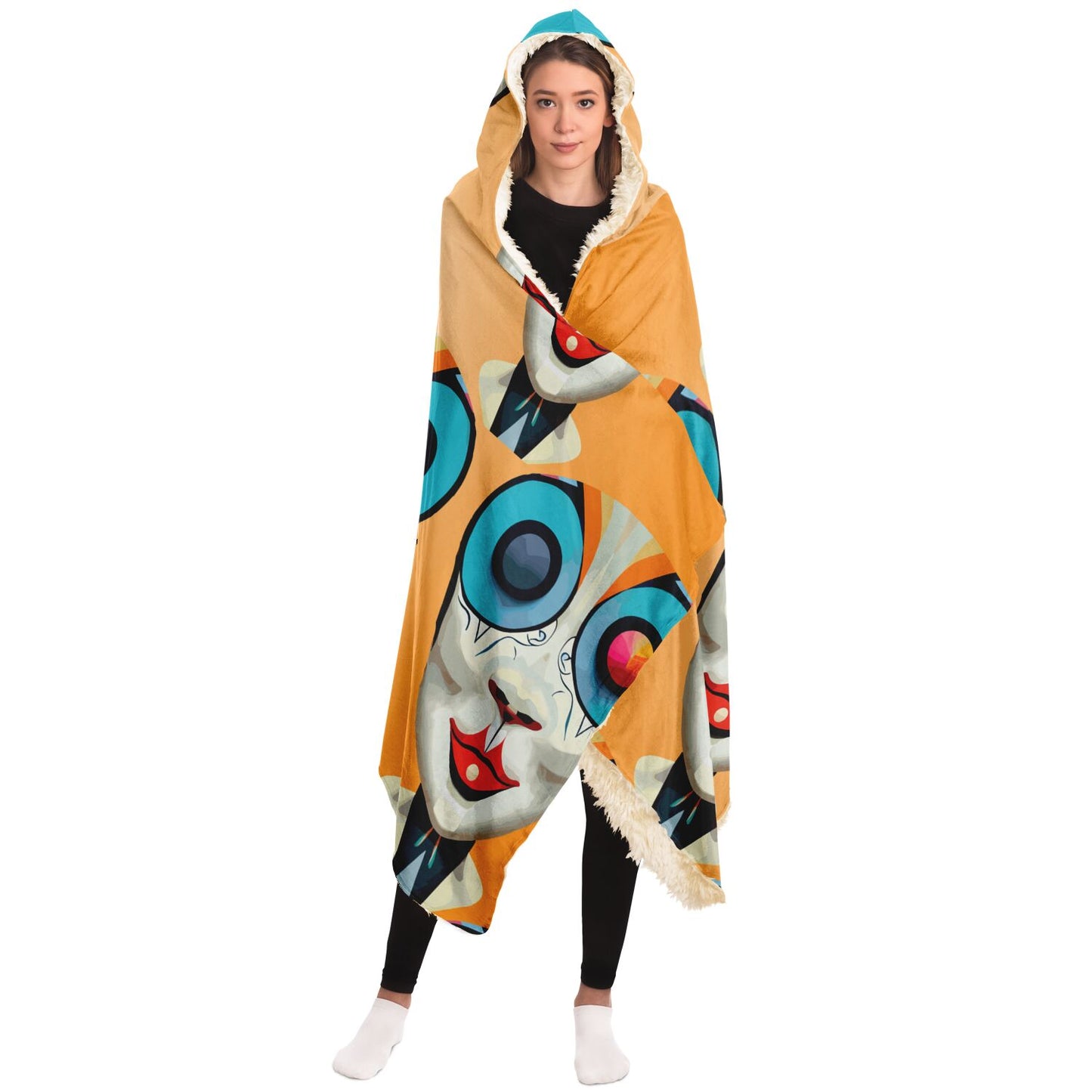 Hooded Blanket - AOP Kukloso Cubist Faces No 12 Orange Bkgd - Free Shipping