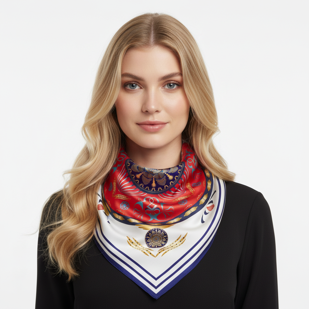 100% Silk Charmeuse Square Scarf Mandala Delight Red and Blue