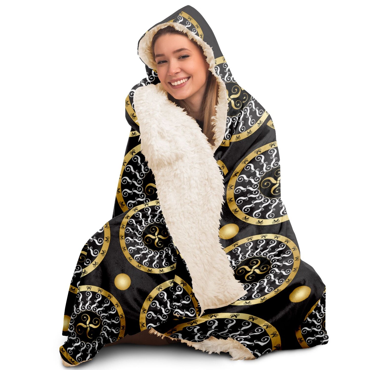 Hooded Blanket - AOP Kukloso Abstractical No 173 Mandala Design Gold & White on Black - Free Shipping