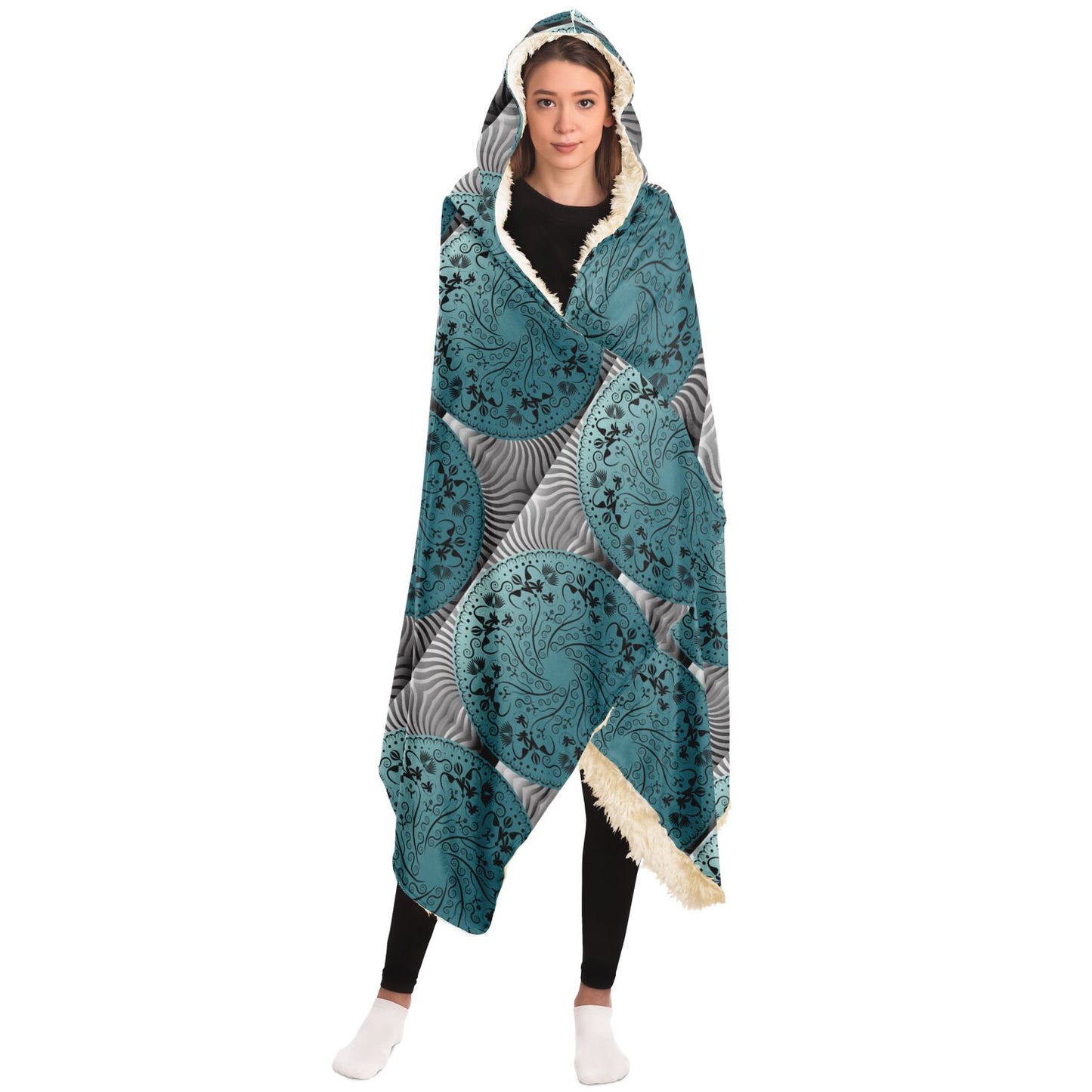 Hooded Blanket - AOP Mandala No 155 No 4 Aqua, Black Design on Patterned Silver