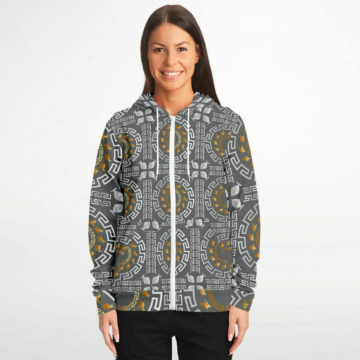 Fashion Zip-Up Hoodie - AOP Kukloso Greek Border with Elephant  No 40 Silver & Gold on Gray - Free Shipping