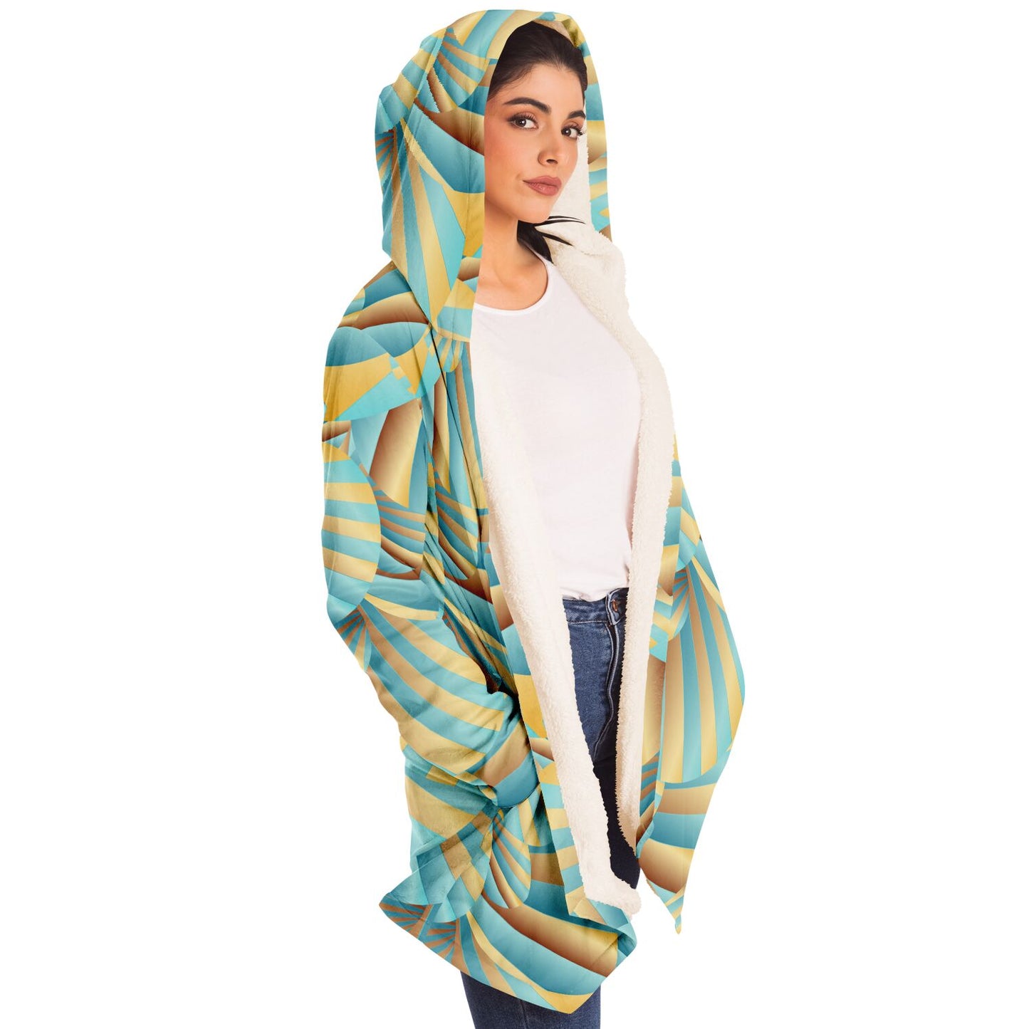 Microfleece Cloak - AOP  Kukloso Abstractical No 269  Abstract Aqua, Blue, Gold Shapes - Free Shipping