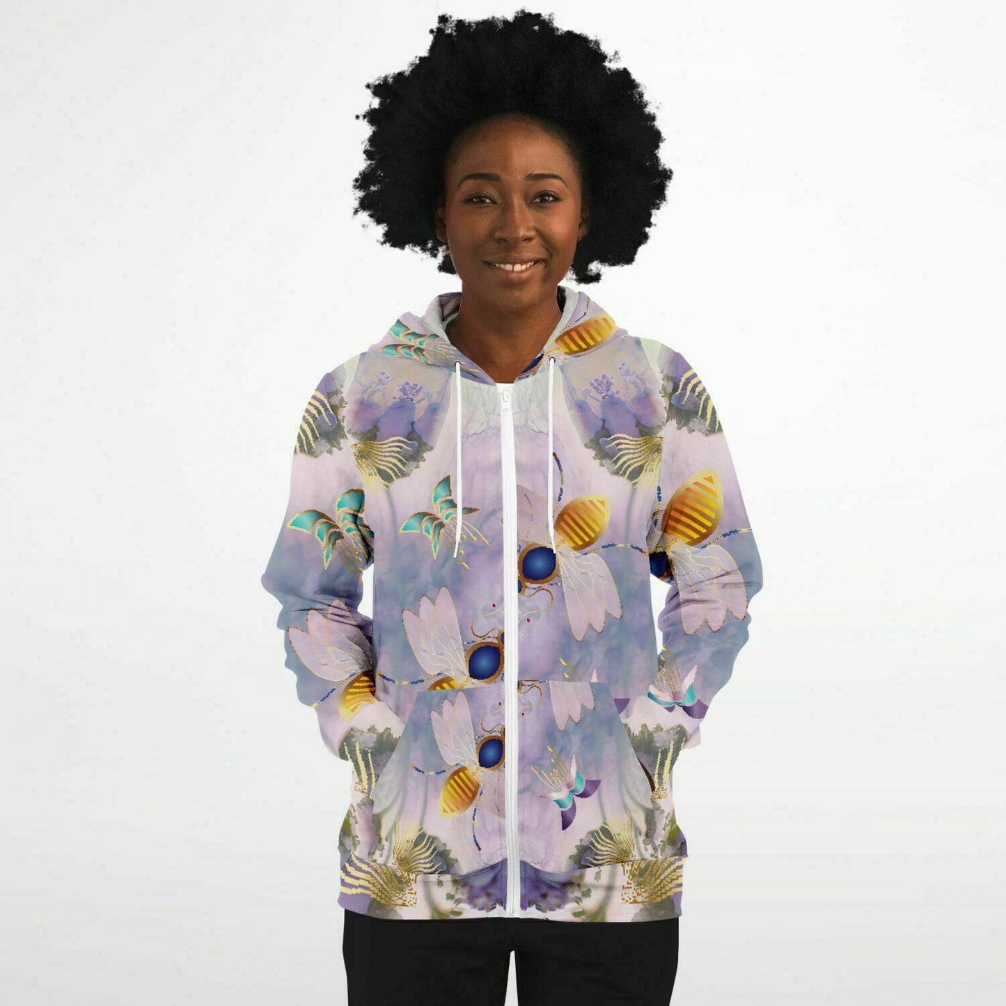 Fashion Zip-Up Hoodie - AOP  Kukloso Queen Bee Floral Background- Free Shipping