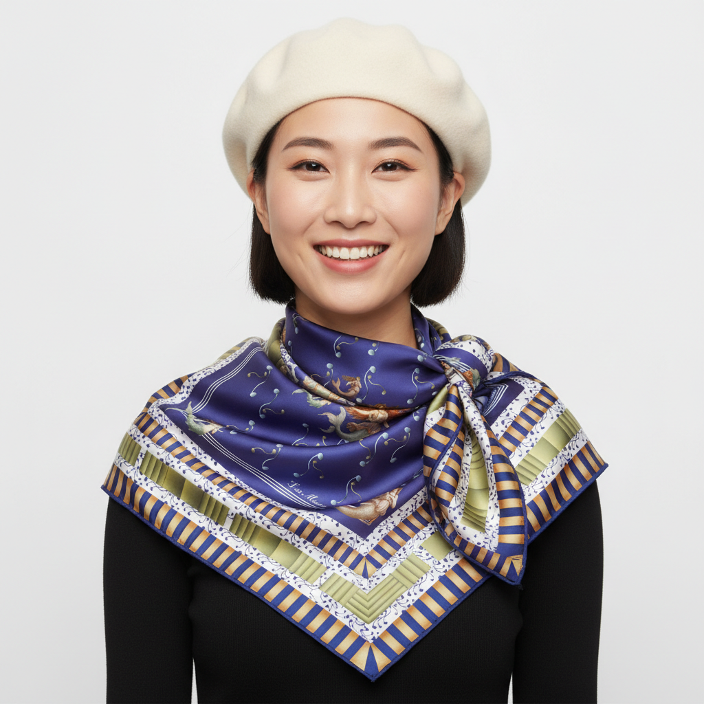 100% Silk Charmeuse Square Scarf Portrait of a Mermaid on Blue