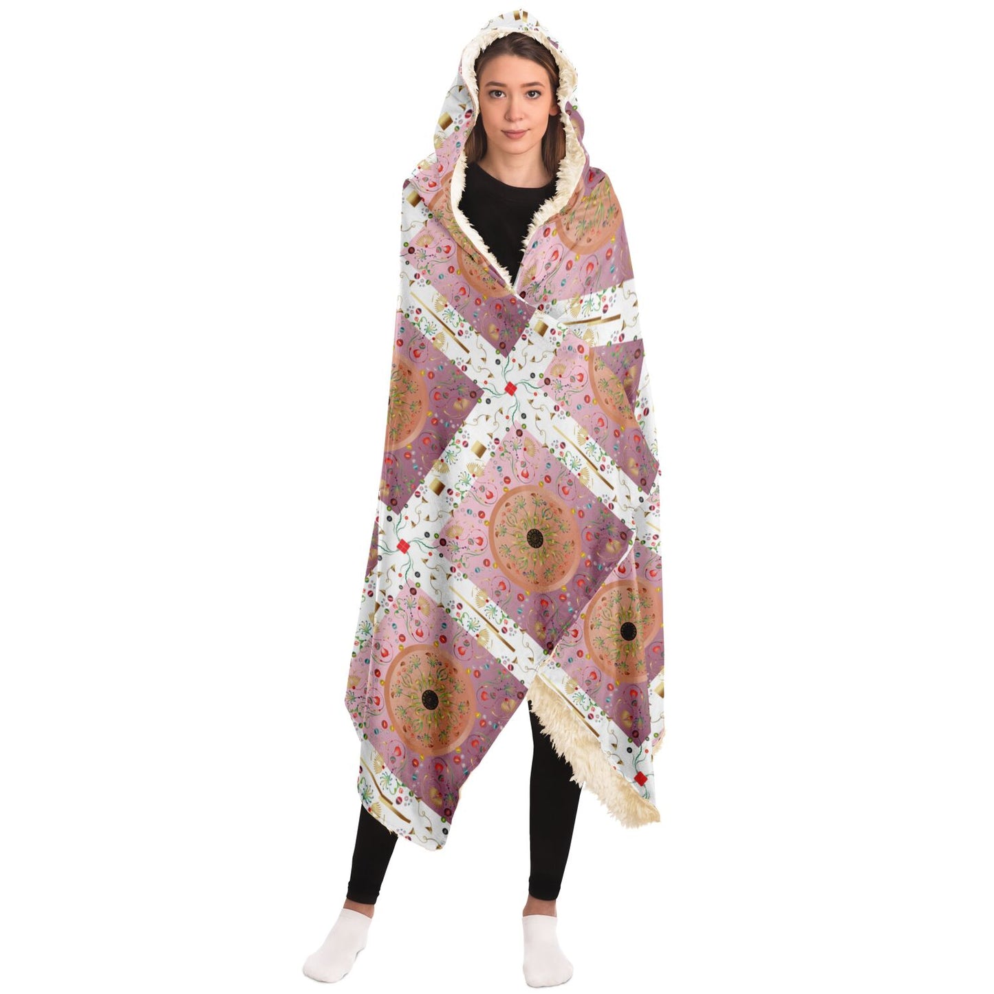 Hooded Blanket - AOP Mandala No 148 No 10 Pink, Gold Abstract Florals on White