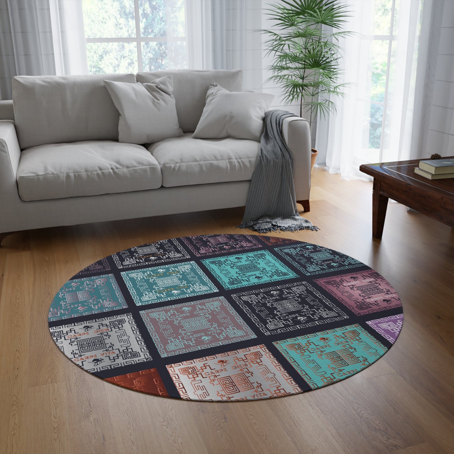 Round Rug Kukloso Greek Border 'Carpe Diem' Multicolors Free Shipping