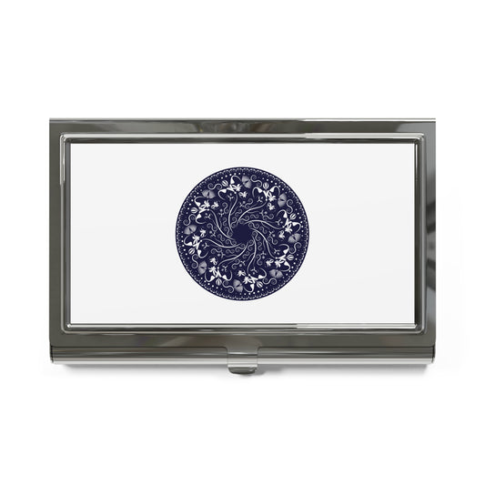 Business Card Holder Kukloso Mandala No 155 No 4 White Florals on Navy - Free Shipping