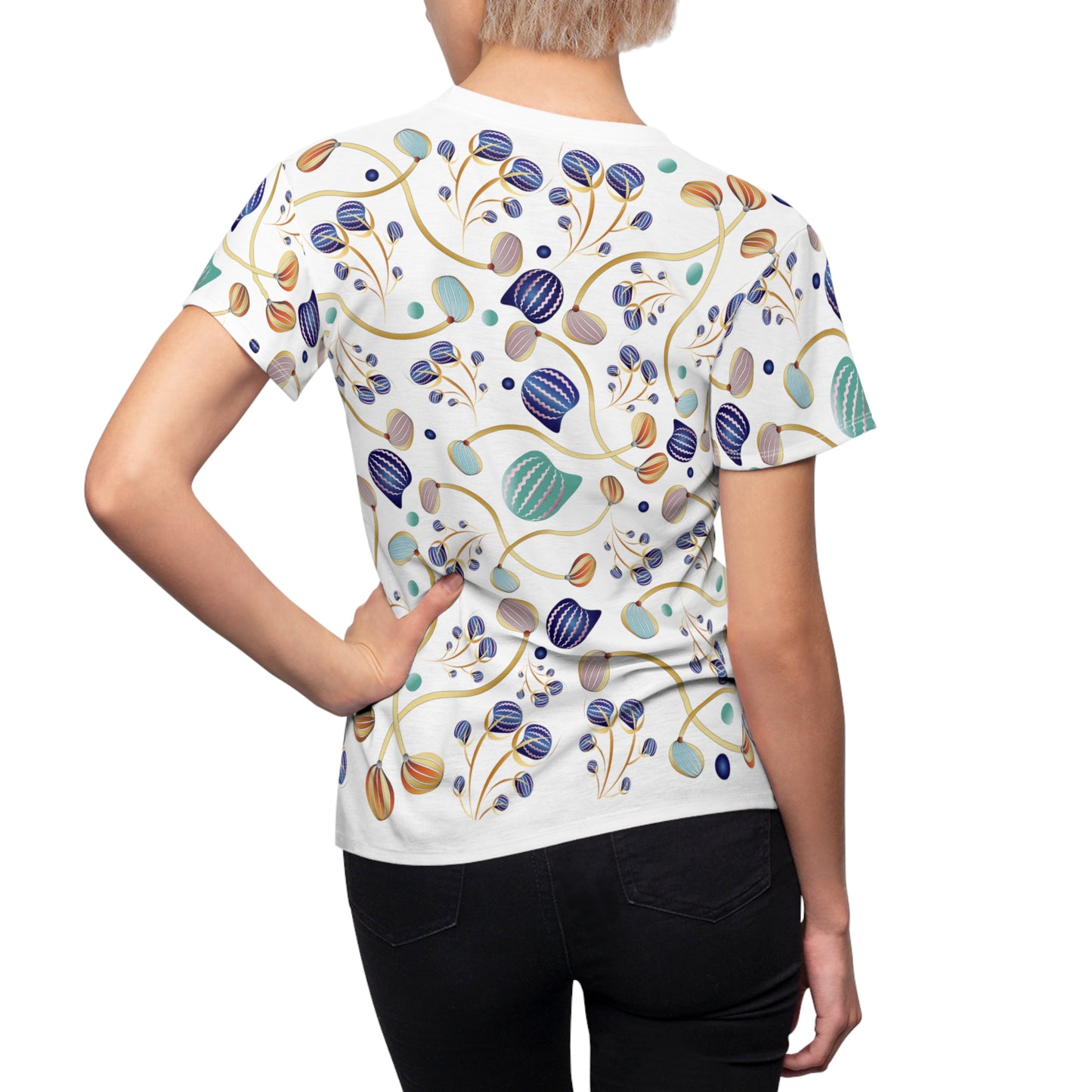 Women's Cut & Sew Tee (AOP) Kukloso Kuklos No 4403 Abstract Shapes Gold, Navy, Aqua - Free Shipping