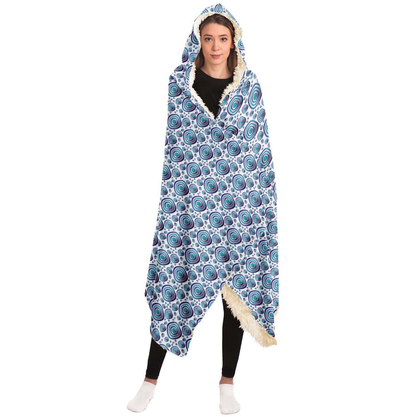 Hooded Blanket - AOP Kukloso Abstractical No 96 Aqua, Blue, Pink Shapes on White - Free Shipping