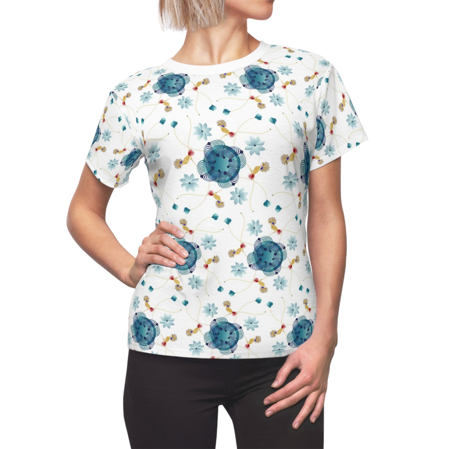 Women's Cut & Sew Tee (AOP) Kukloso AG No 28 Mini Mandalas Aqua, Navy, Red, Gold on White - Free Shipping