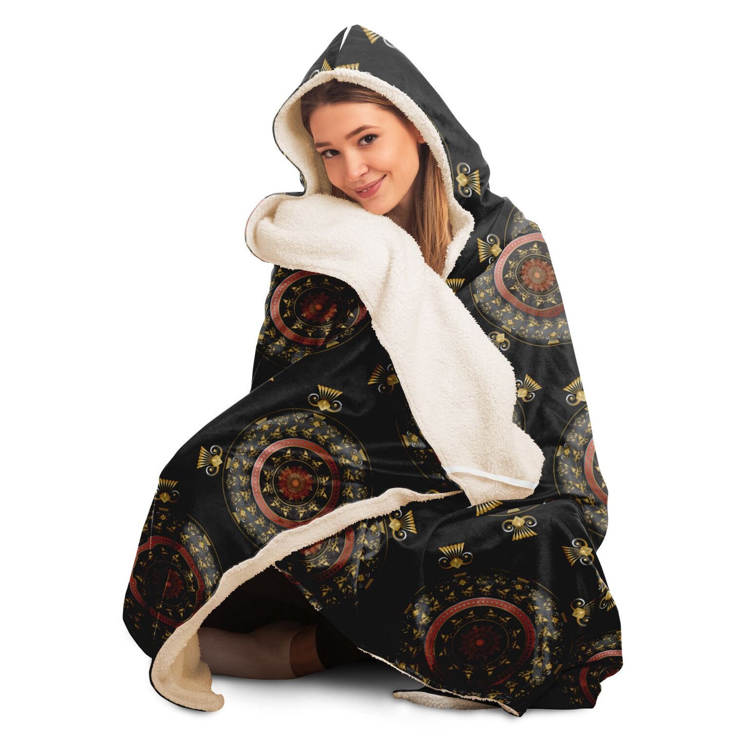 Hooded Blanket - AOP Mandala No 27 Intricate, Gold, Silver, Copper on Black