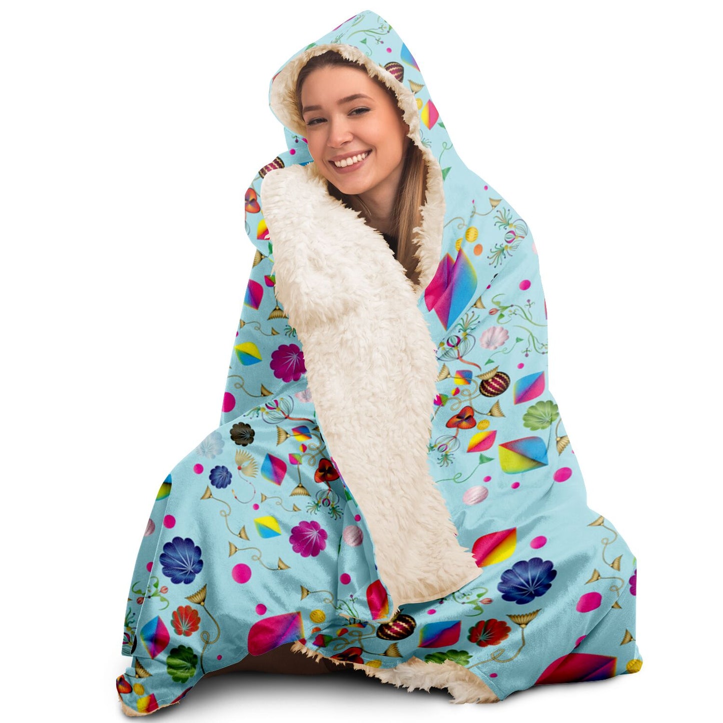 Hooded Blanket - AOP Kukloso Abstractical No 24 Happy Shapes & Florals on Aqua - Free Shipping