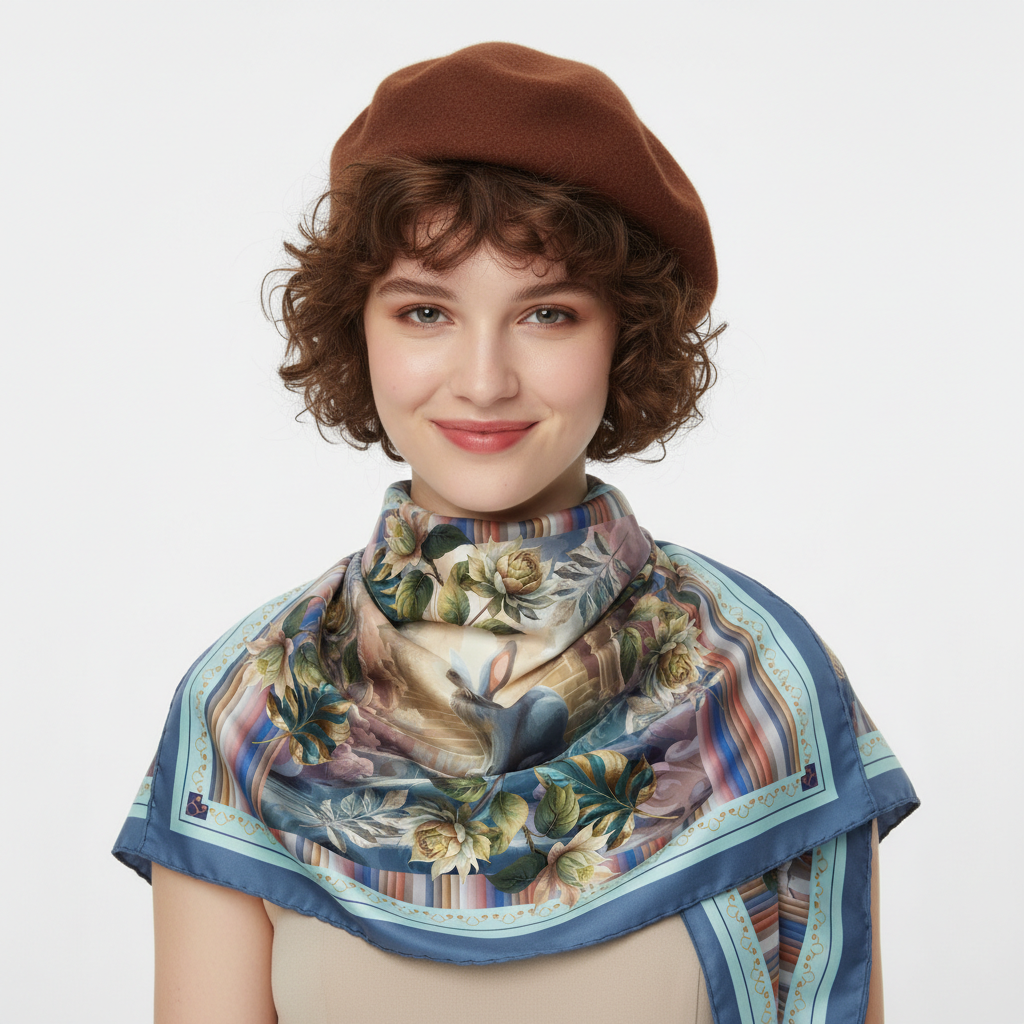 100% Silk Charmeuse Square Scarf Rabbit Stairway