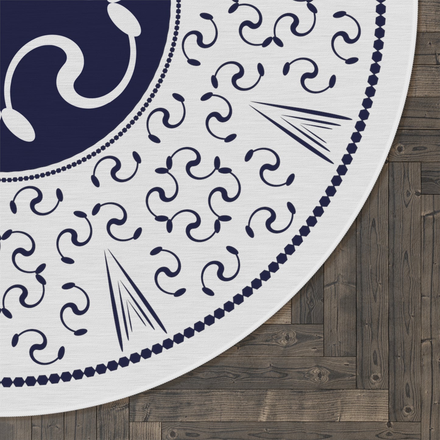 Round Rug Abstractical Mandala Navy Blue on White Free Shipping