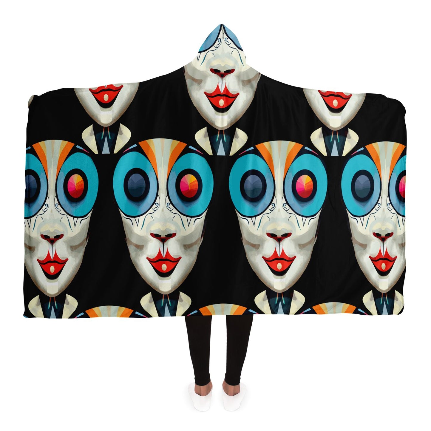 Hooded Blanket - AOP Kukloso Cubist Faces No 12 Black Bkgd - Free Shipping