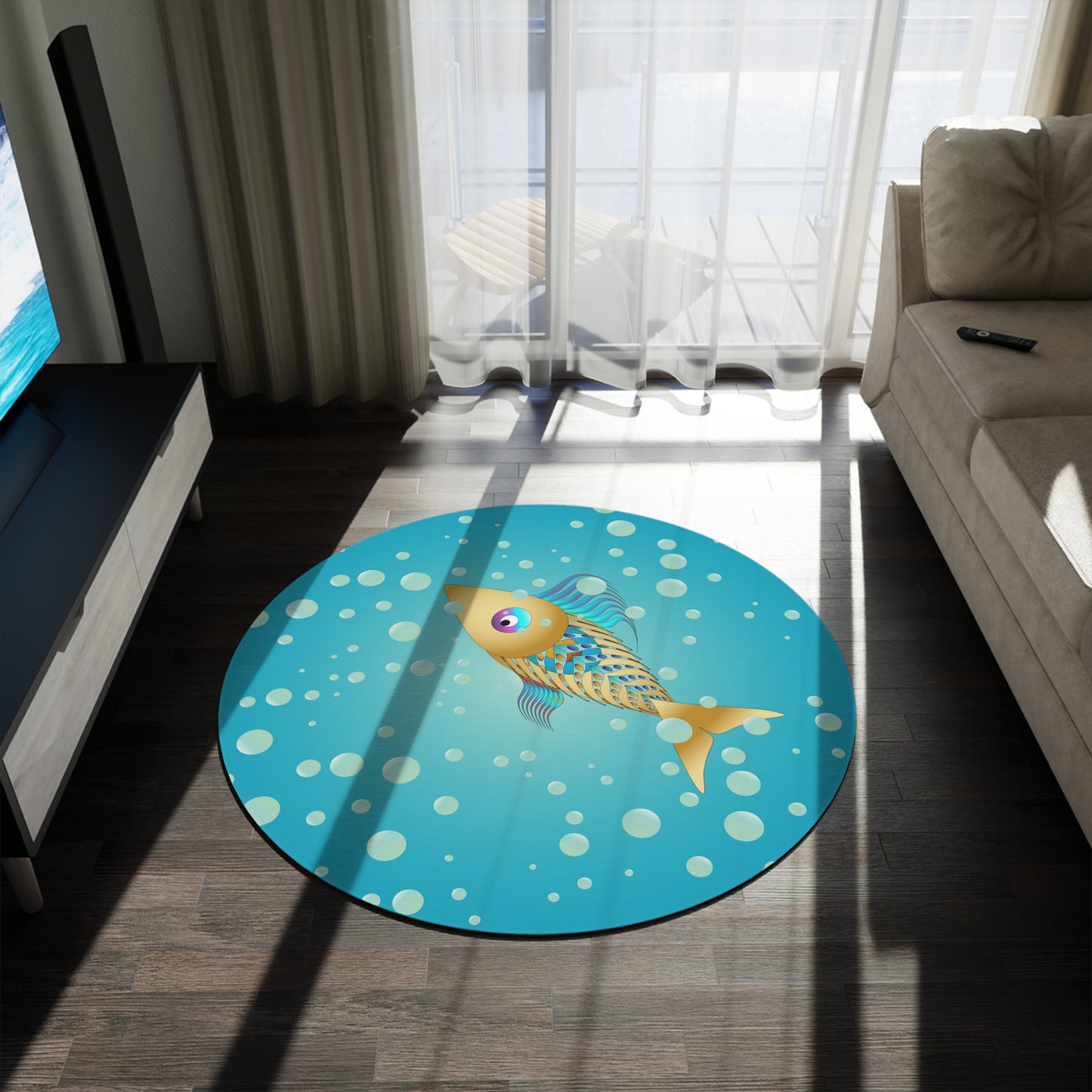 Round Rug Kukloso 'Golden Fish' on Turquoise Free Shipping