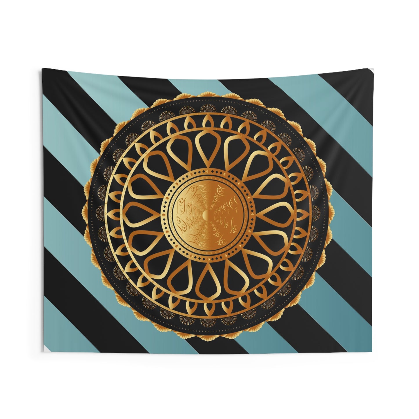 Indoor Wall Tapestries Kukloso Mandala No 152 Gold Design on Aqua & Black Striped Background - Free Shipping