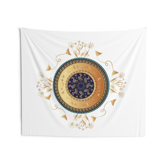 Indoor Wall Tapestries Kukloso Mandala No 151 An Intricate Luxury Gold & Navy Design on White - Free Shipping