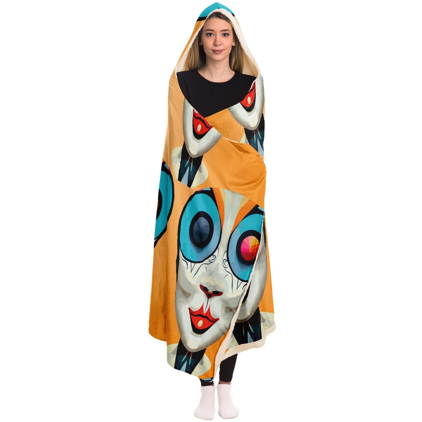 Hooded Blanket - AOP Kukloso Cubist Faces No 12 Orange Bkgd - Free Shipping