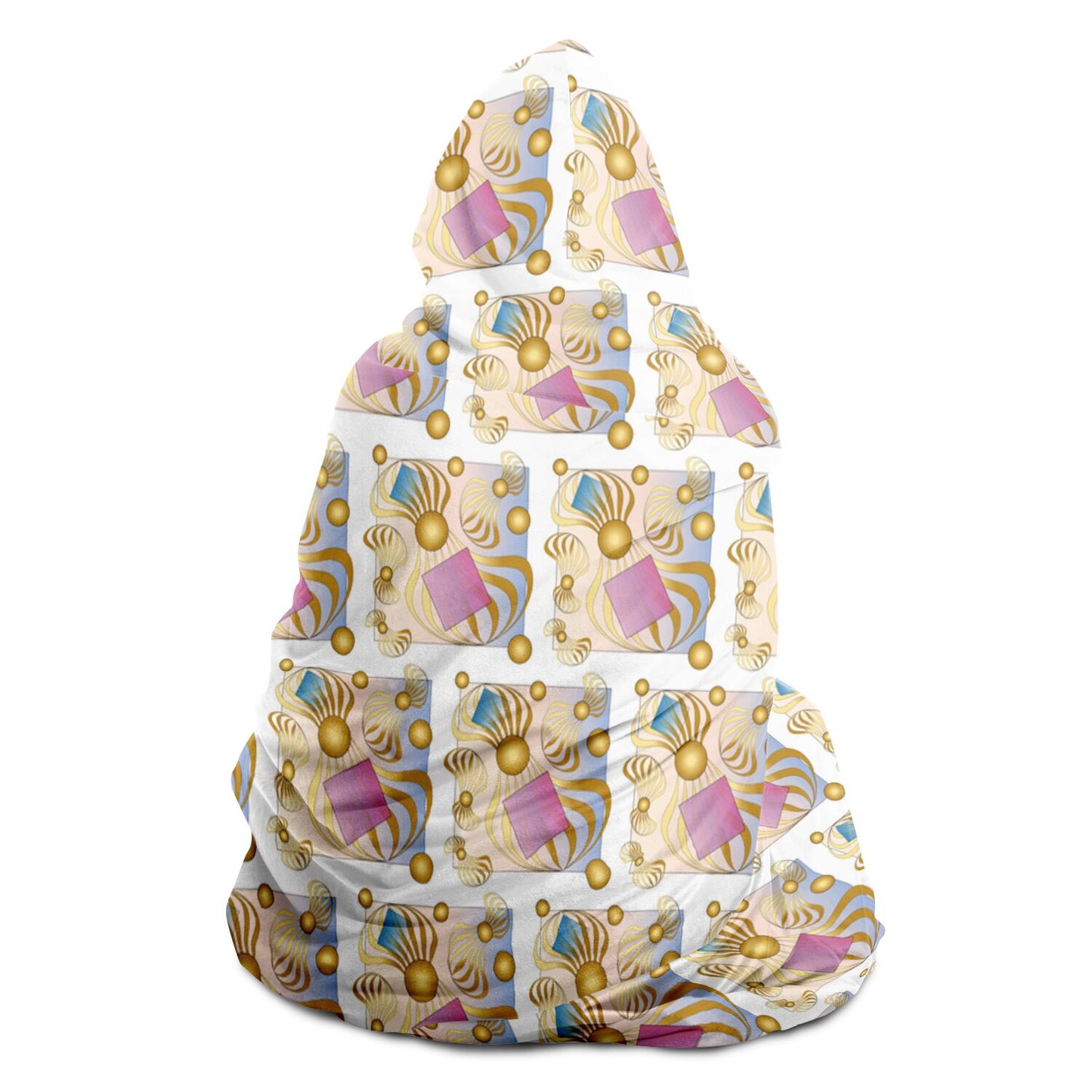 Hooded Blanket - AOP Kukloso Abstractical No 214 Blue, Pink, Gold Shapes on White - Free Shipping