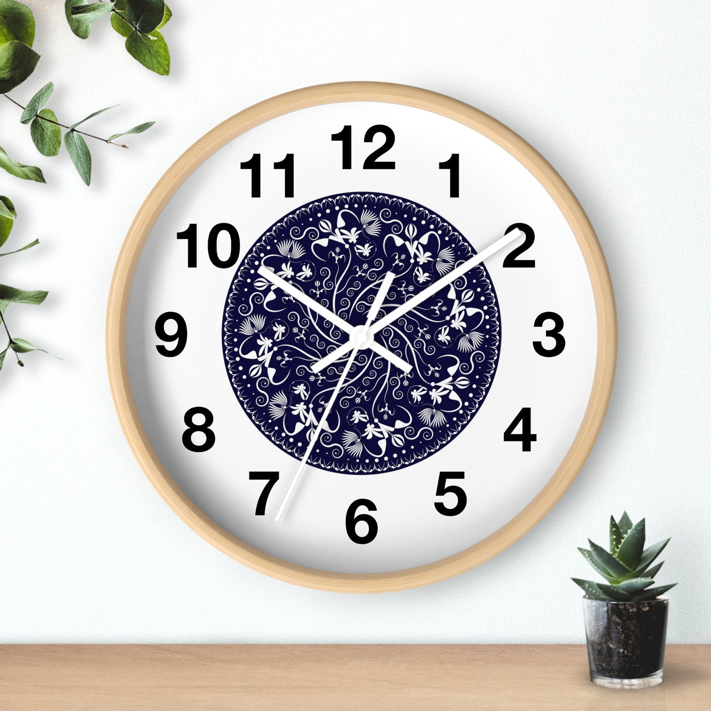 Wall Clock Kukloso Mandala No 155 White Florals on Navy - Free Shipping