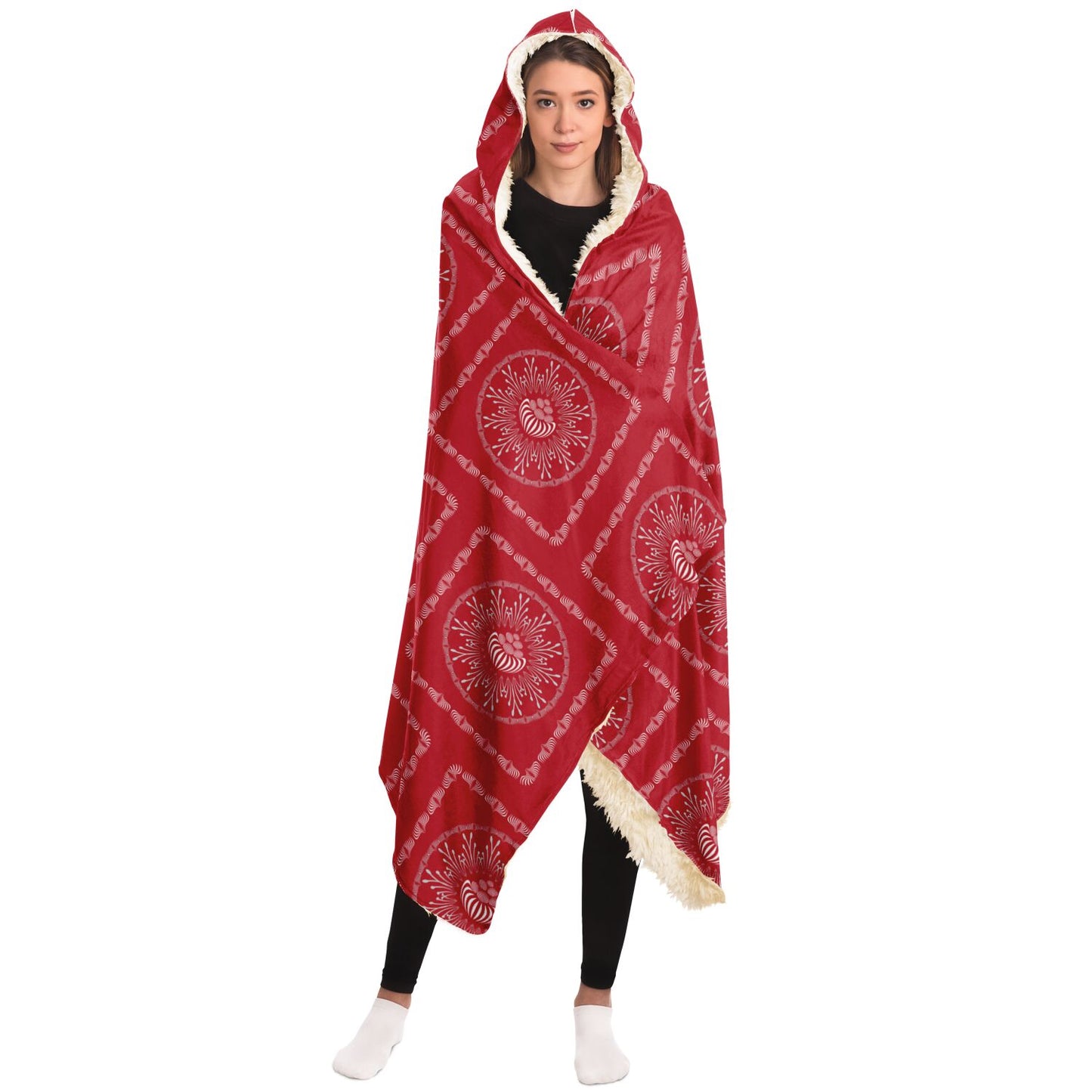 Hooded Blanket - AOP Mandala No 25 White Design on Red