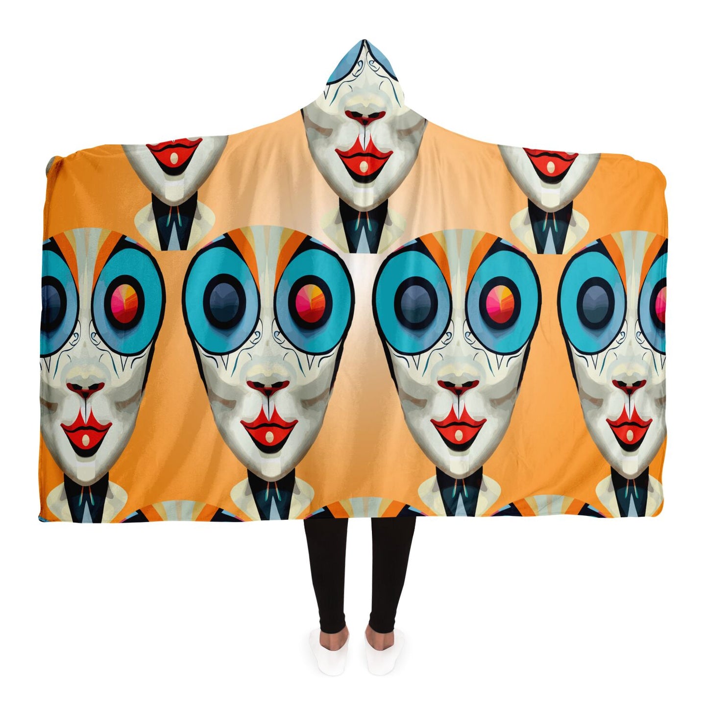 Hooded Blanket - AOP Kukloso Cubist Faces No 12 Orange Bkgd - Free Shipping