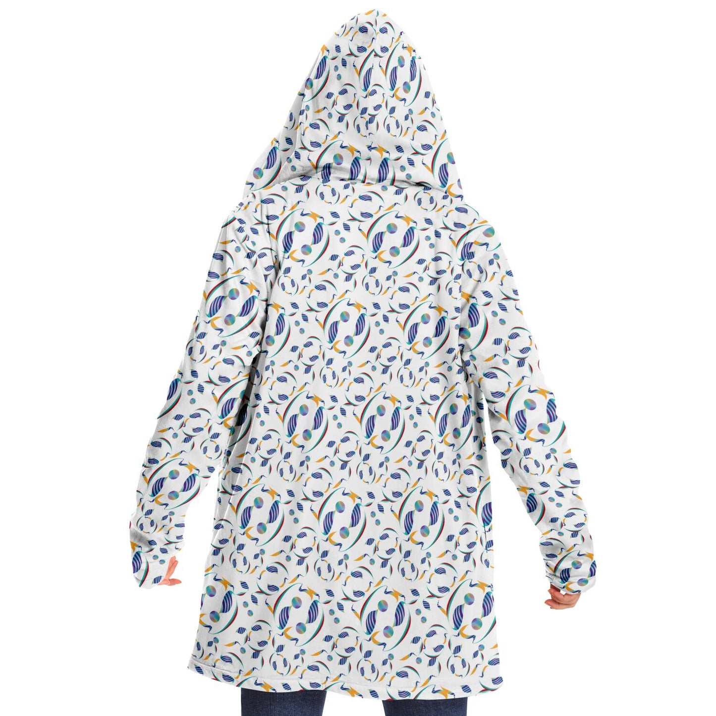 Microfleece Cloak - AOP  Kukloso Whimsical No 80 Abstract shapes, Aqua, Navy Yellow on White - Free Shipping