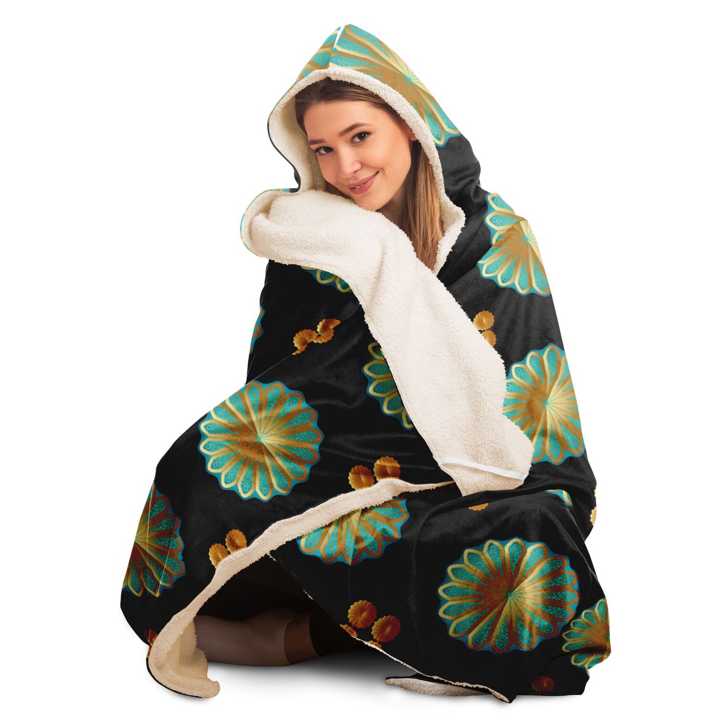 Hooded Blanket - AOP Mandala No 141 No 11 Aqua & Gold on Black