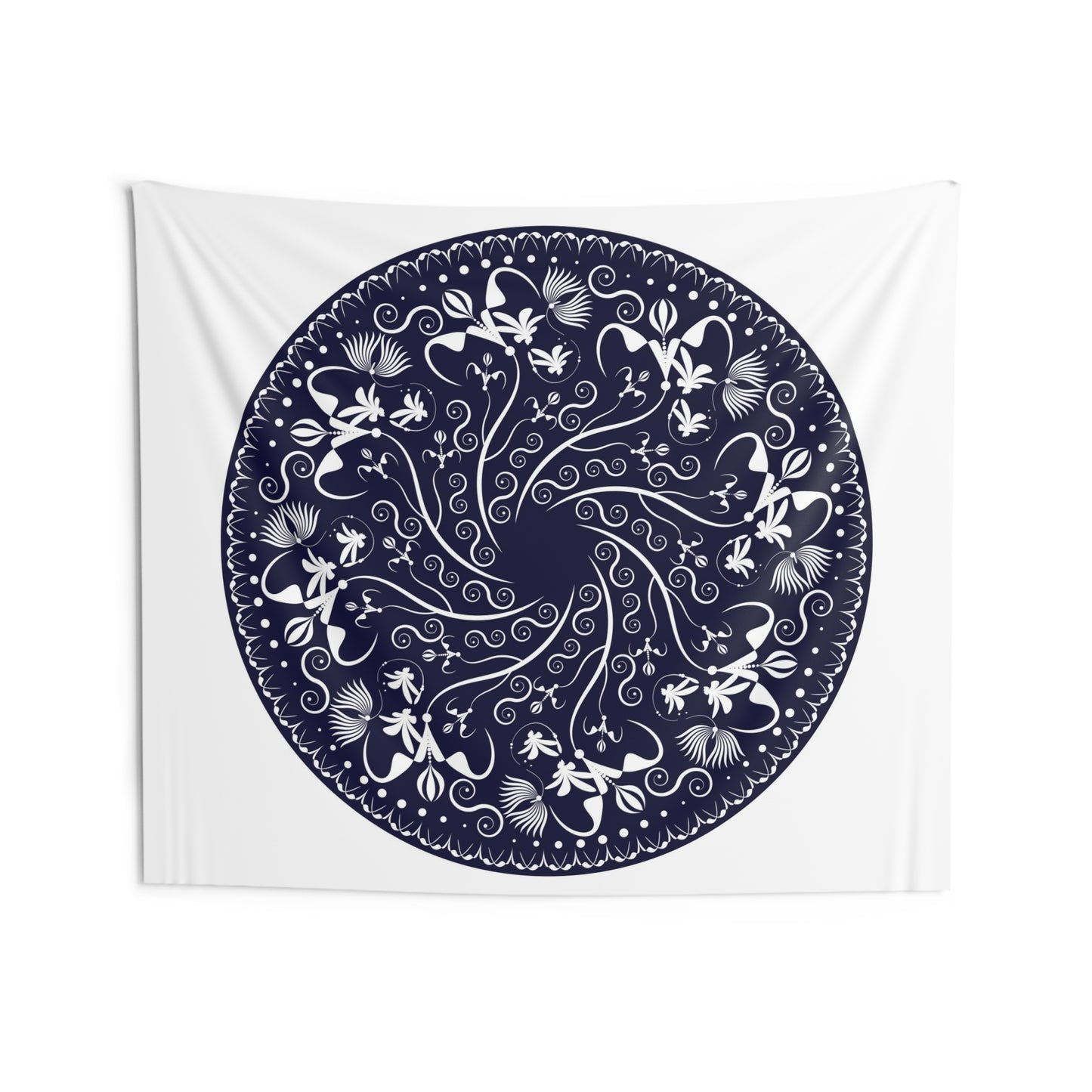 Indoor Wall Tapestries Kukloso Mandala No 155 No 4 Intricate White Floral Design on Navy -- Free Shipping