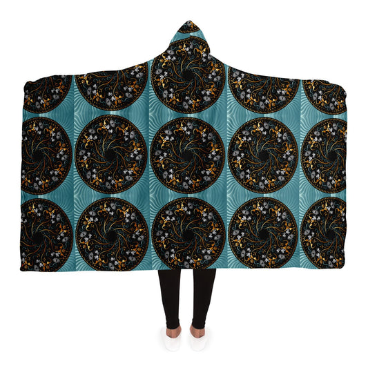 Hooded Blanket - AOP Mandala No 155 Aqua, Silver, Copper, Gold on Patterned Aqua