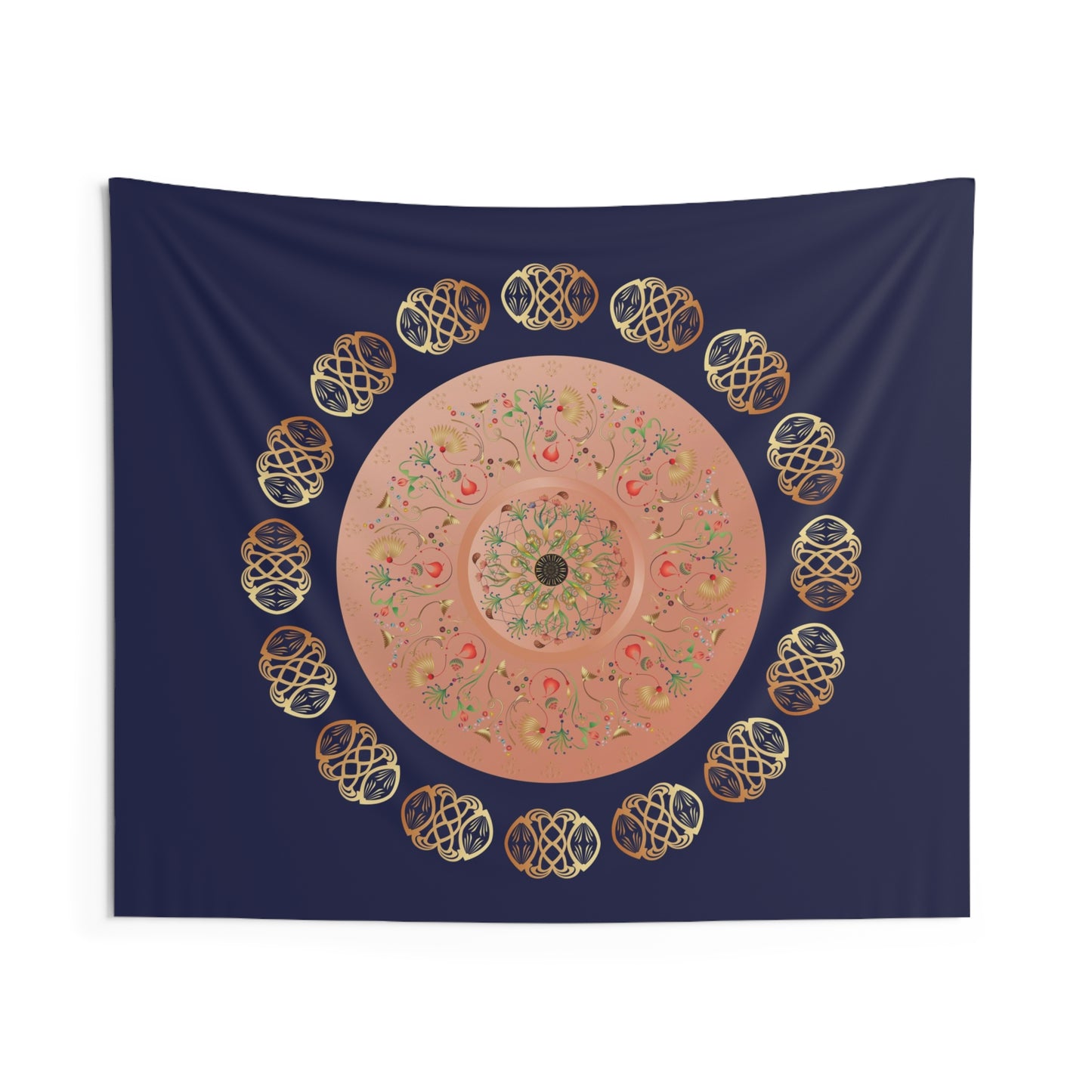 Indoor Wall Tapestries Kukloso Mandala No 145 Abstract Florals, Peach, Navy Colors - Free Shipping