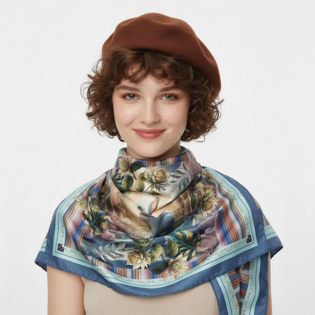 100% Silk Charmeuse Square Scarf Rabbit Stairway