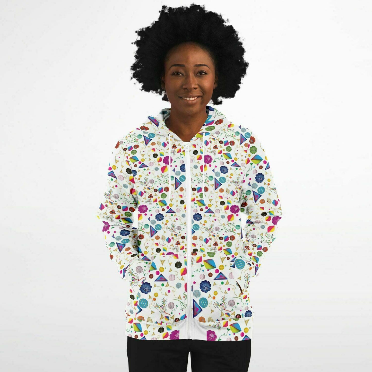 Fashion Zip-Up Hoodie - AOP Kukloso Abstractical No 24 Multicolored on White - Free Shipping