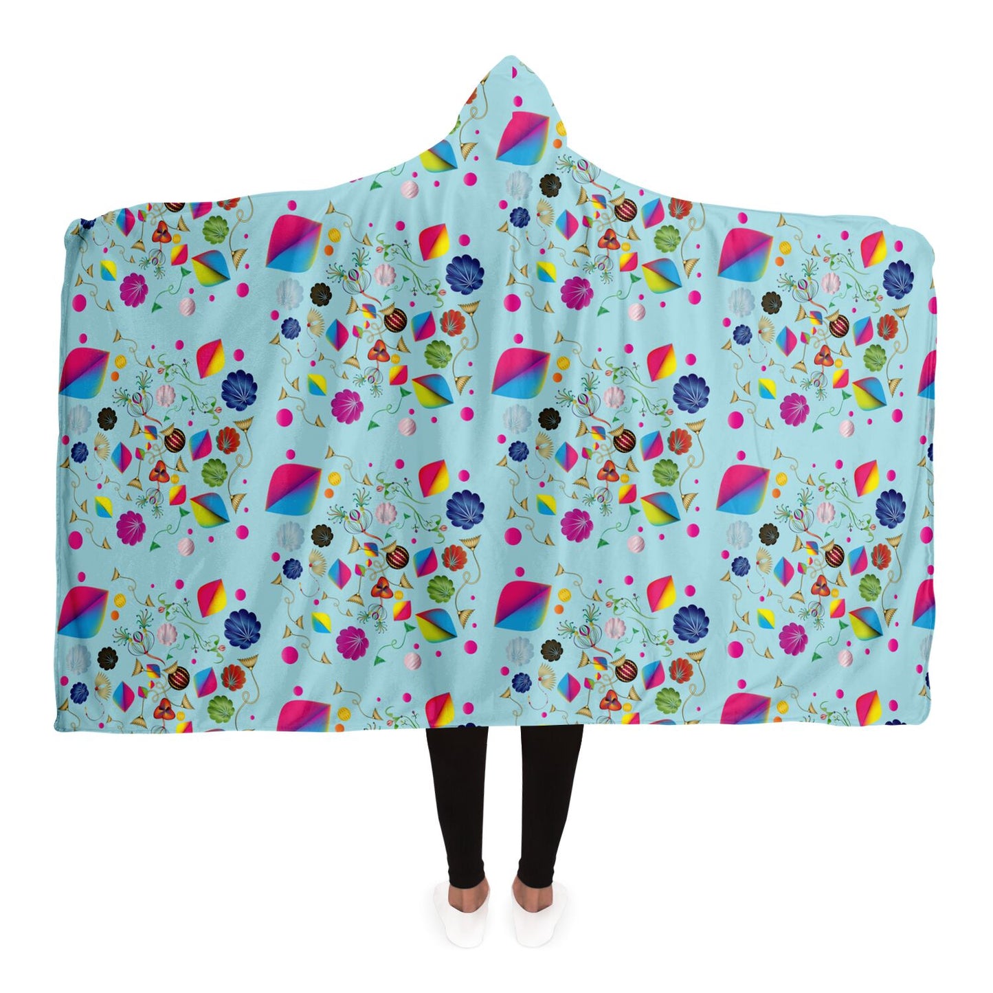 Hooded Blanket - AOP Kukloso Abstractical No 24 Happy Shapes & Florals on Aqua - Free Shipping