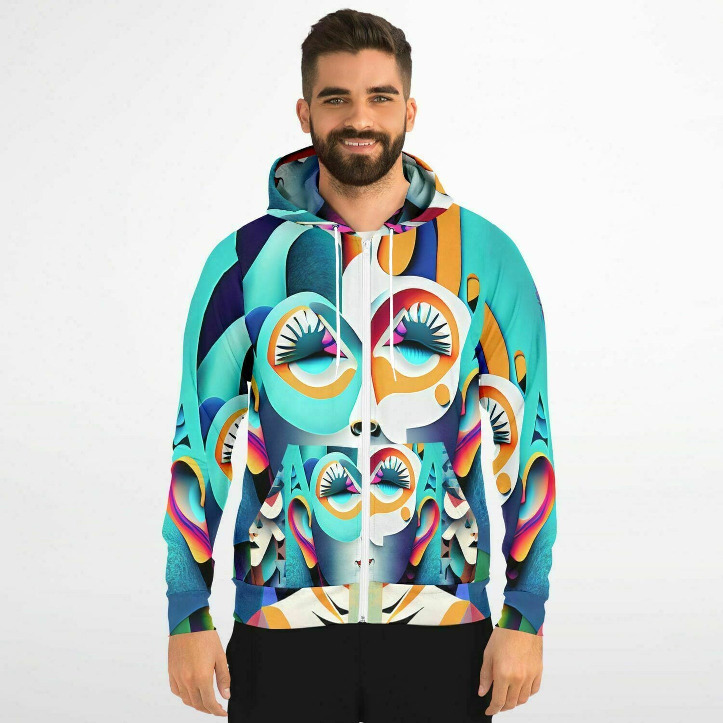 Fashion Zip-Up Hoodie - AOP Kukloso Cubist Faces No 7 Multicolored - Free Shipping