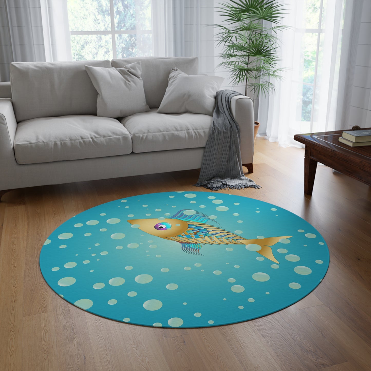 Round Rug Kukloso 'Golden Fish' on Turquoise Free Shipping